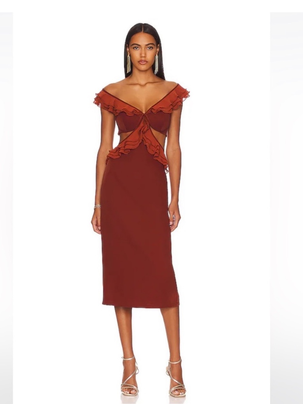 Andrea Iyamah Rust Off-Shoulder Ruffle Midi Dress